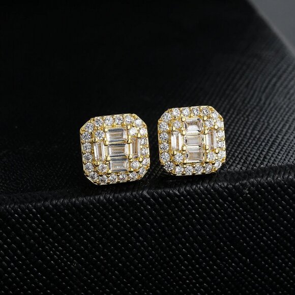 18K Gold Mens 2ct Square Diamond Stud Earrings Guys New 18K Silver Studs Jewelry